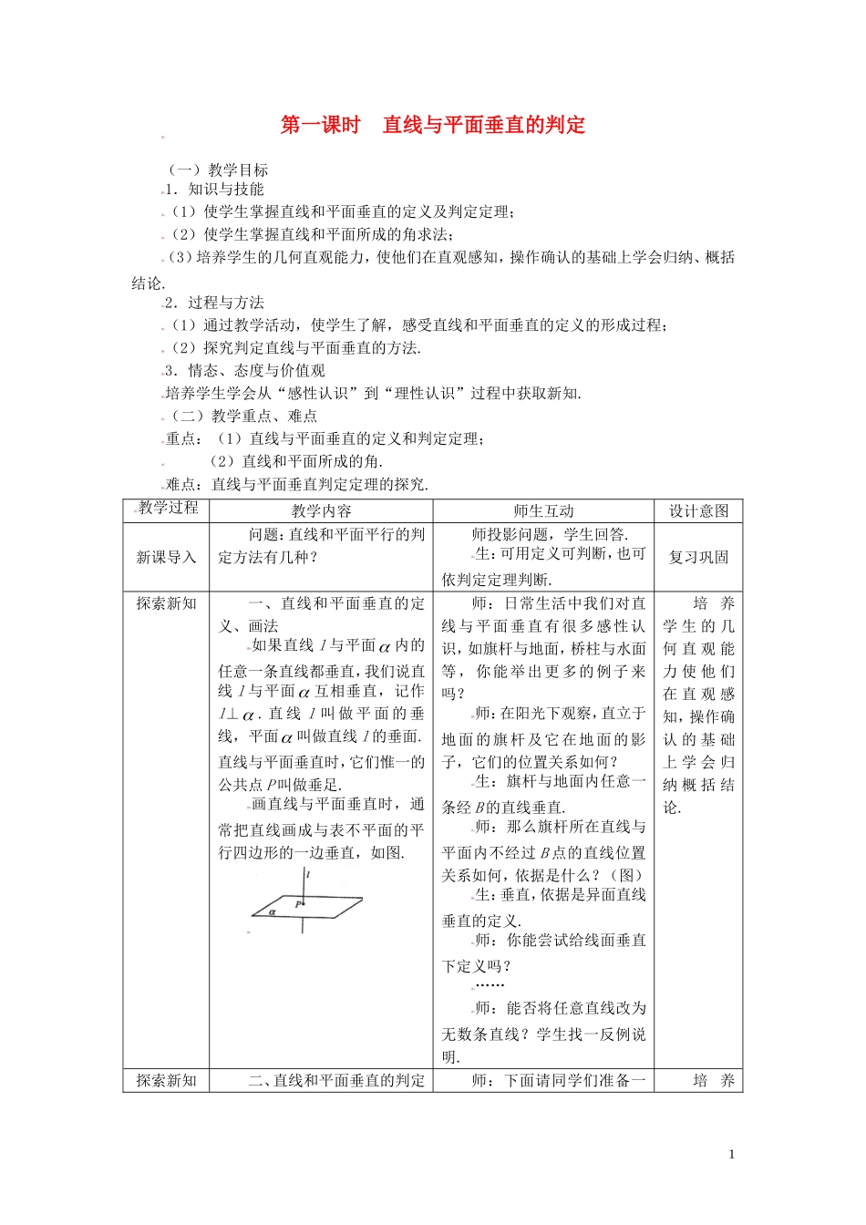 高中数学 2.3.1直线与平面垂直的判定精品教案 新人教A版必修2_第1页