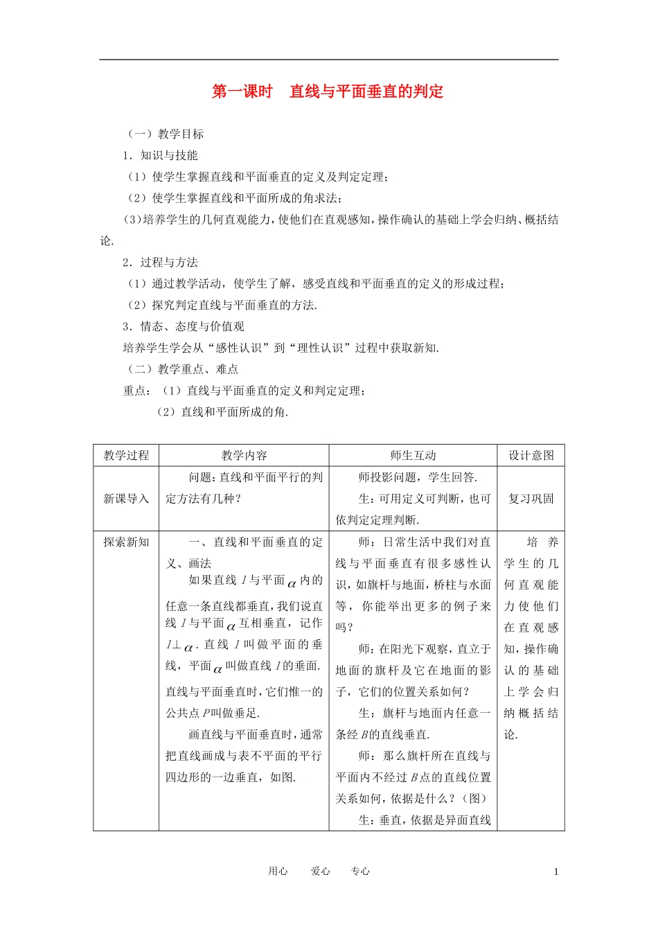 高中数学 2.3.1直线与平面垂直的判定全册精品教案 新人教A版必修2_第1页