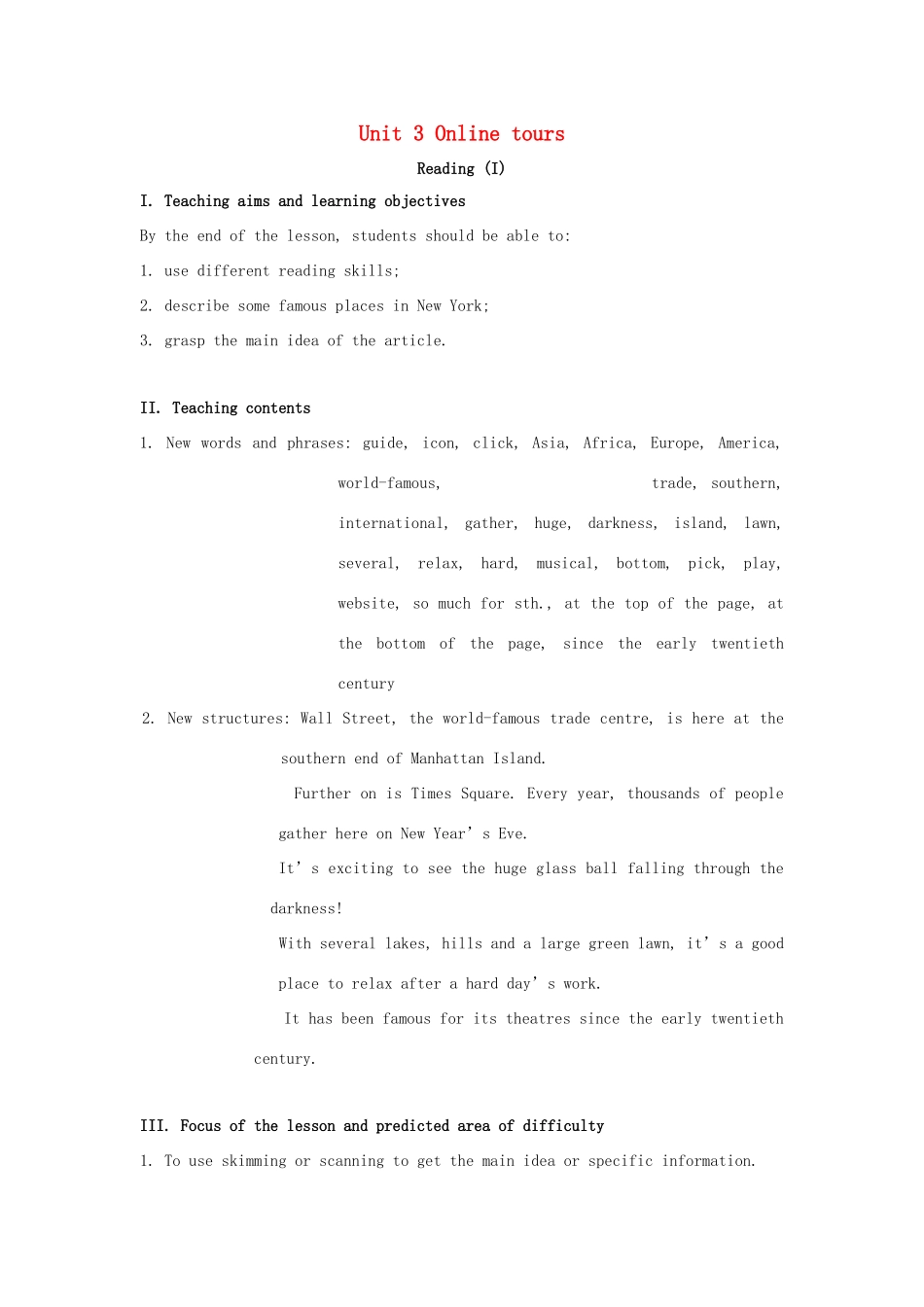 八年级英语下册 Unit 3 Online tours Reading I教案 （新版）牛津版-（新版）牛津版初中八年级下册英语教案_第1页