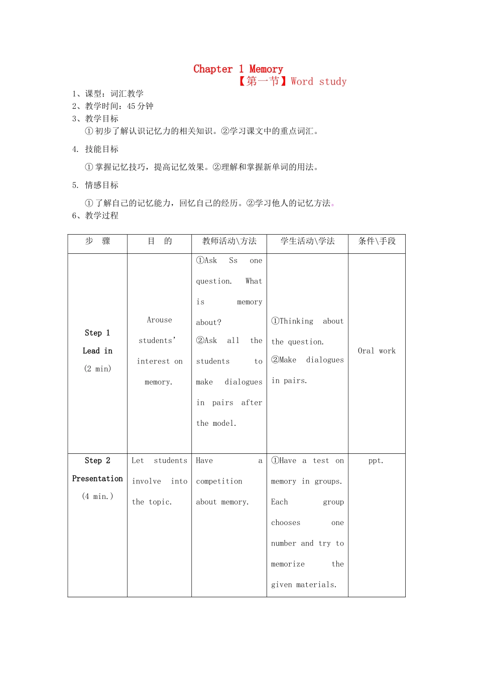 八年级英语下册 Chapter 1 Memory教学设计 牛津深圳版_第1页