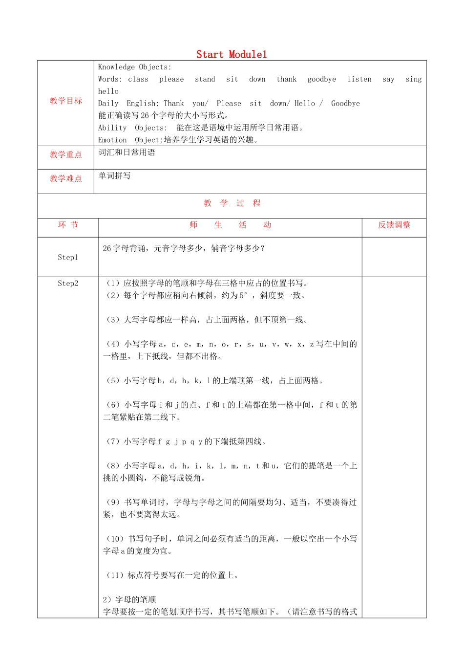 天津市静海县沿庄镇度七年级英语上册 Starter Module 1 My teacher and my friends教案 （新版）外研版-（新版）外研版初中七年级上册英语教案_第1页