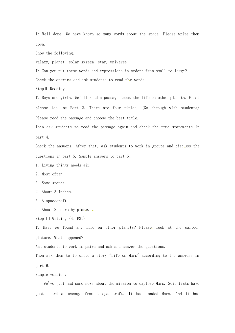 天津市武清区杨村第五中学八年级英语上册《Module 3 Journey to Mars Period 2 Reading and writing》教案 外研版_第2页