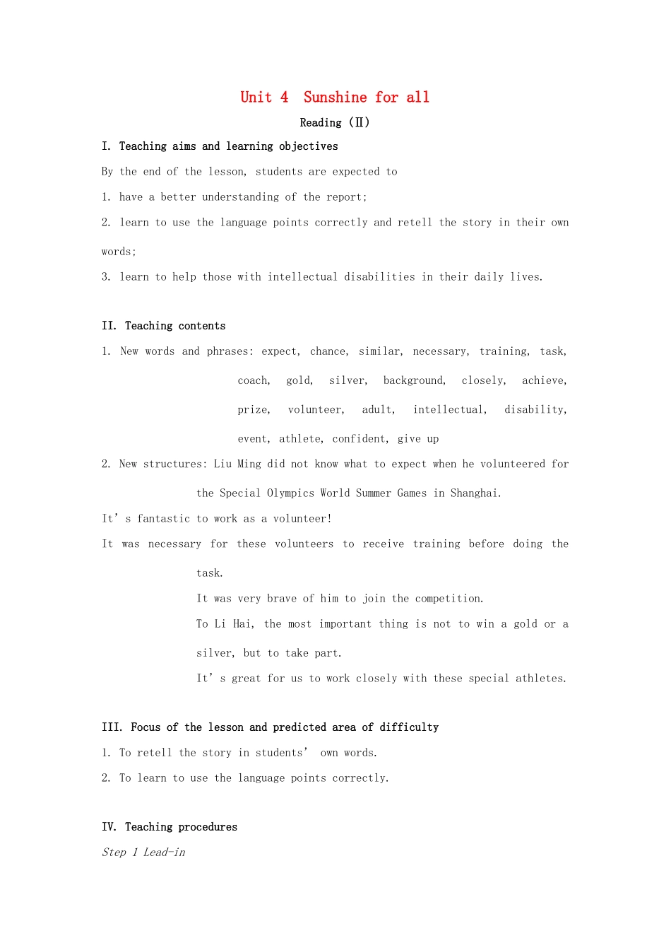 八年级英语下册 Unit 6 Sunshine for all Reading II教案 （新版）牛津版-（新版）牛津版初中八年级下册英语教案_第1页