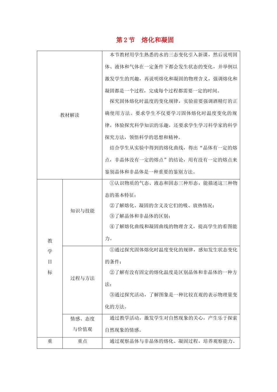 八年级物理上册 第三章 第2节 熔化和凝固教学设计 （新版）新人教版-（新版）新人教版初中八年级上册物理教案_第1页