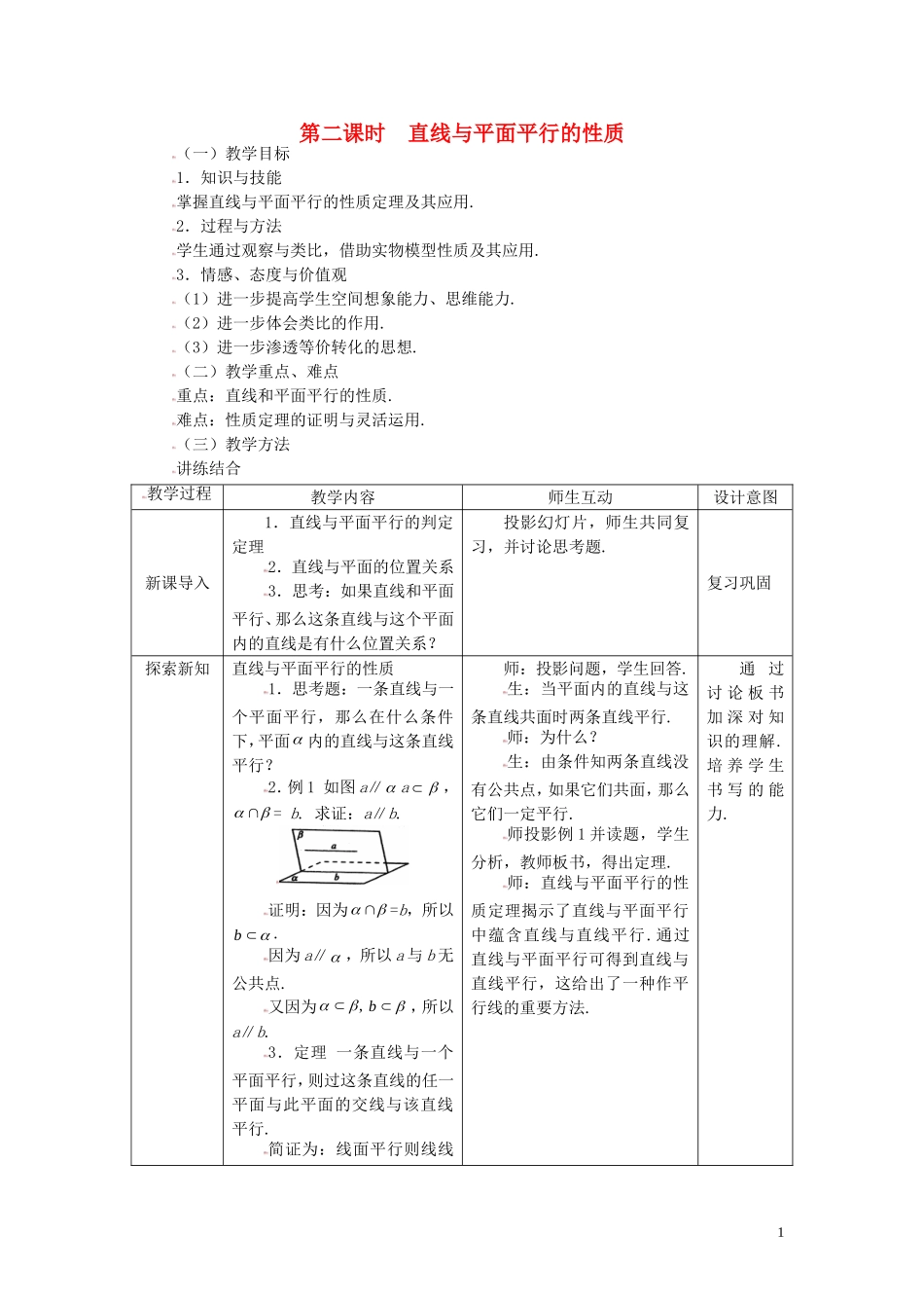 高中数学 2.2.2直线与平面平行的性质精品教案 新人教A版必修2_第1页