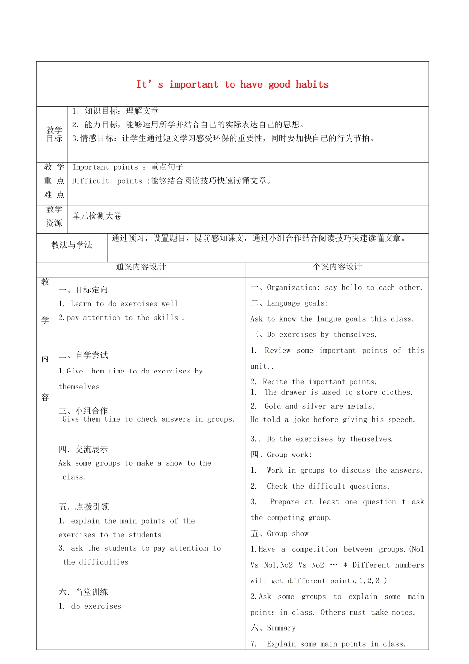 九年级英语全册 Unit 9 It's important to have habits（第6课时）教案 （新版）鲁教版五四制-鲁教版五四制初中九年级全册英语教案_第1页