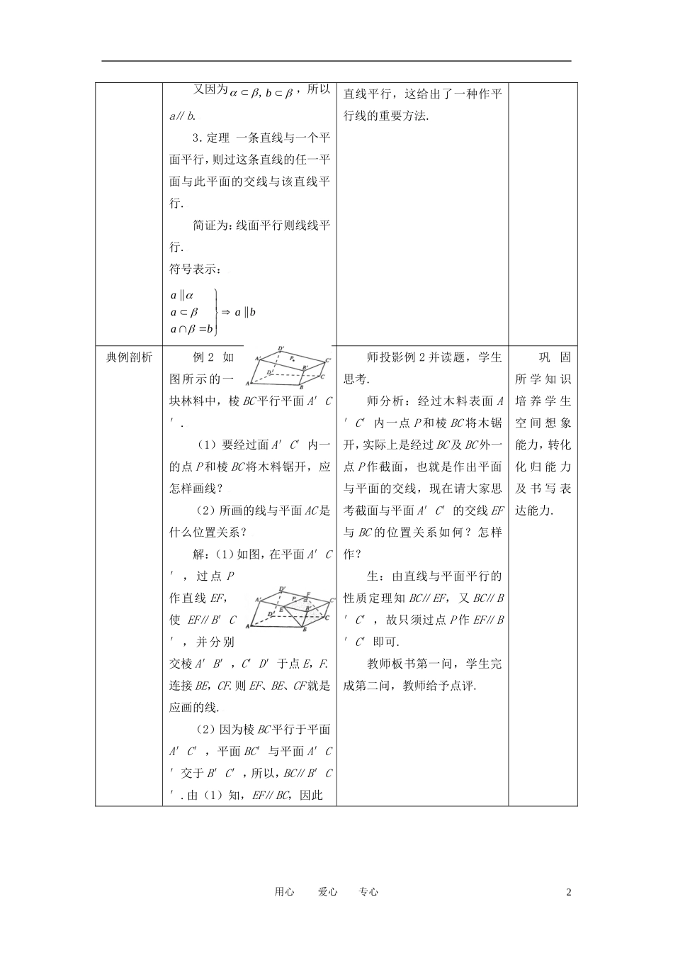 高中数学 2.2.2直线与平面平行的性质全册精品教案 新人教A版必修2_第2页