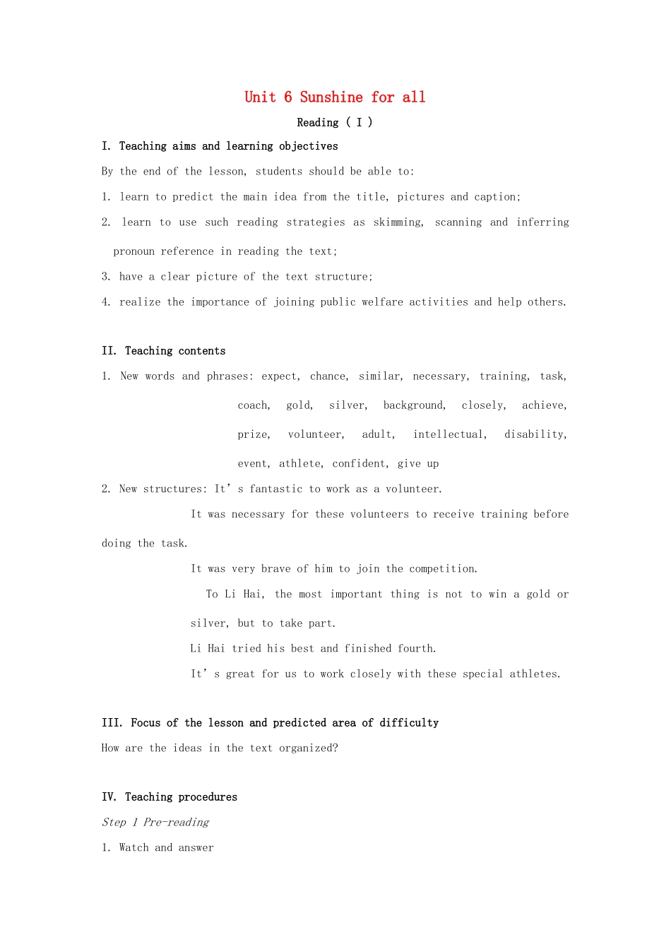 八年级英语下册 Unit 6 Sunshine for all Reading I教案 （新版）牛津版-（新版）牛津版初中八年级下册英语教案_第1页
