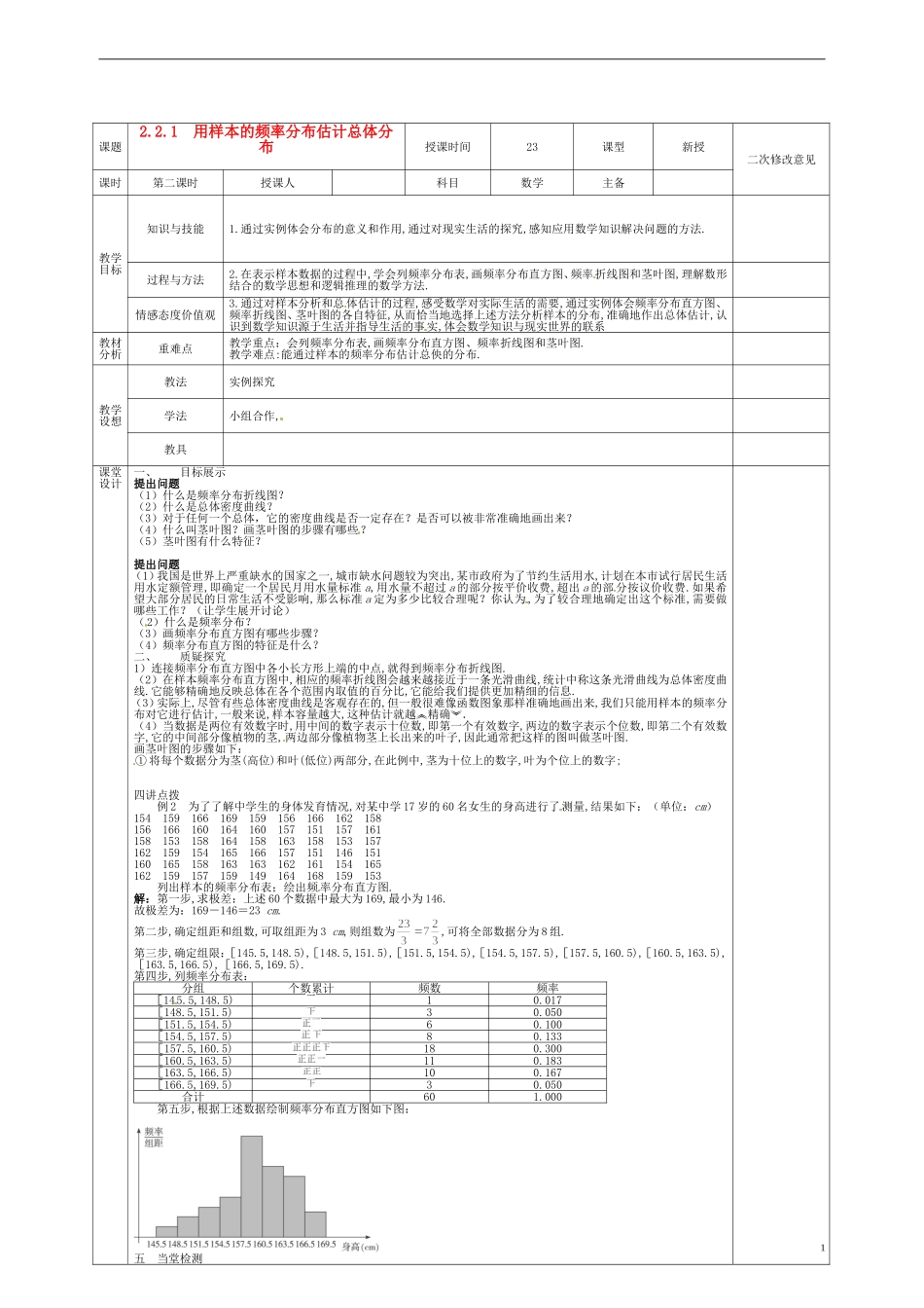 高中数学 2.2.1用样本的频率分布估计总体分布教案2 新人教版必修3-新人教版高一必修3数学教案_第1页