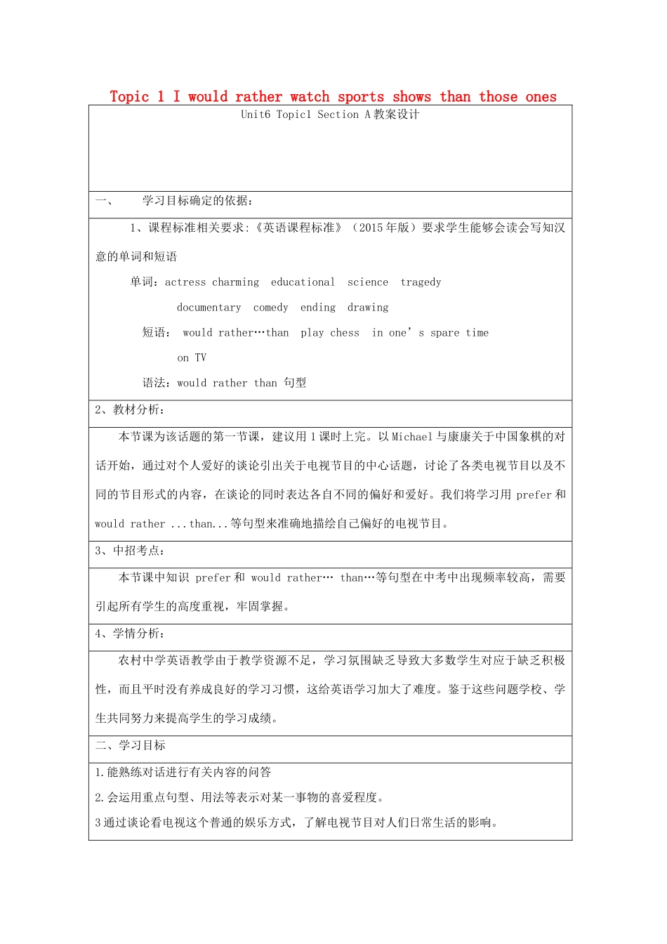 九年级英语下册 Unit 6 Entertainment and Friendship Topic 1 I would rather watch sports shows than those ones Section A教案 （新版）仁爱版-（新版）仁爱版初中九年级下册英语教案_第1页