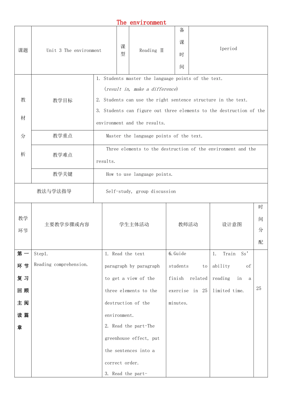 九年级英语下册 Module 2 Environmental problems Unit 3 The environment教案3 牛津深圳版-牛津深圳版初中九年级下册英语教案_第1页