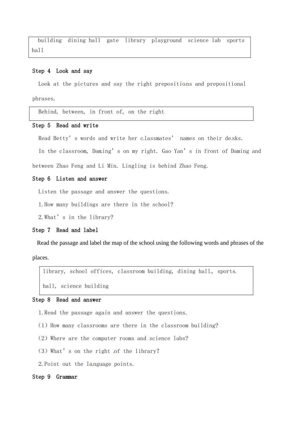 七年级英语上册 Module 3 My school Unit 2 The library is on the left of the playground教案 （新版）外研版-（新版）外研版初中七年级上册英语教案_第2页