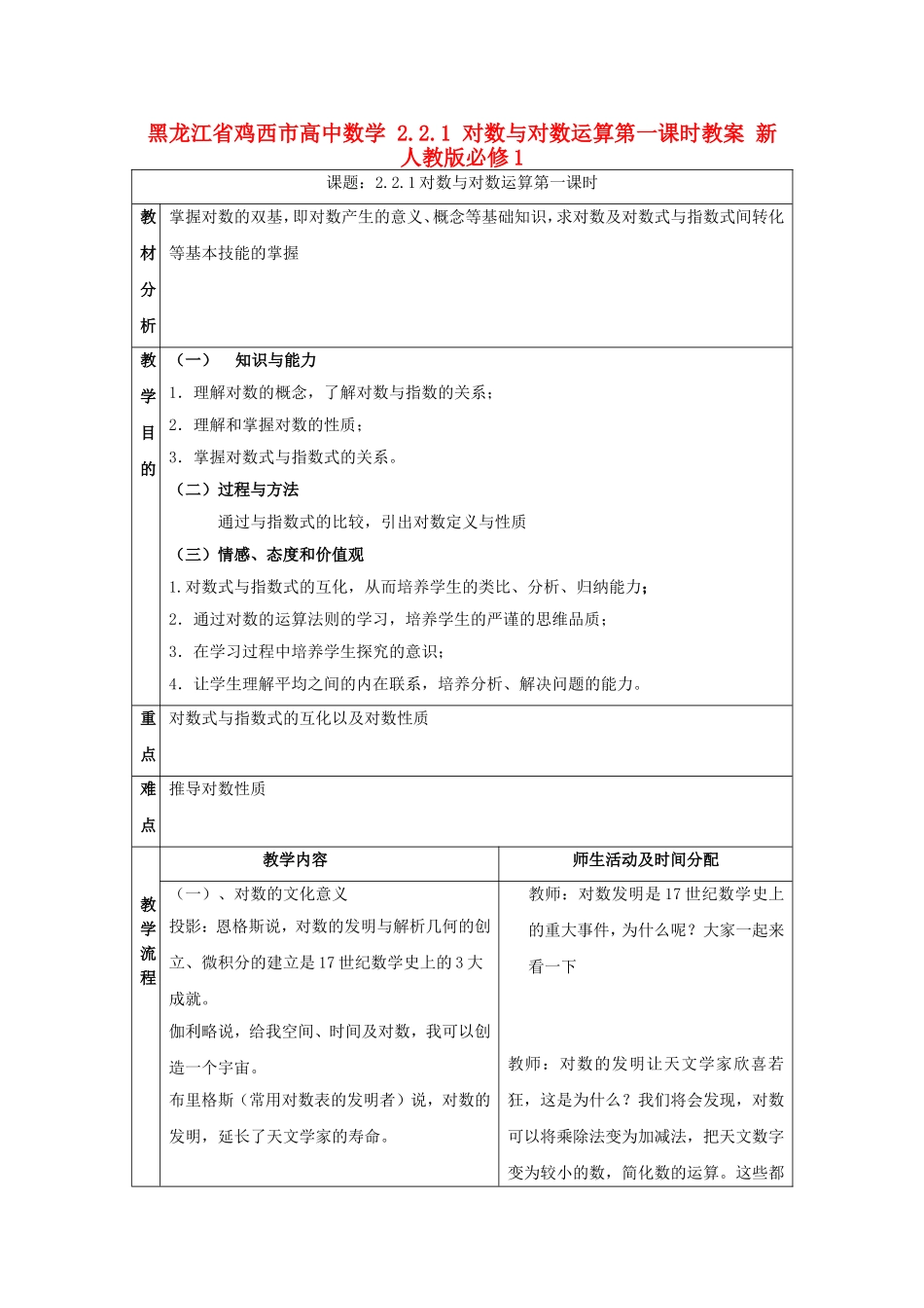 高中数学 2.2.1 对数与对数运算第一课时教案 新人教版必修1-新人教版高一必修1数学教案_第1页
