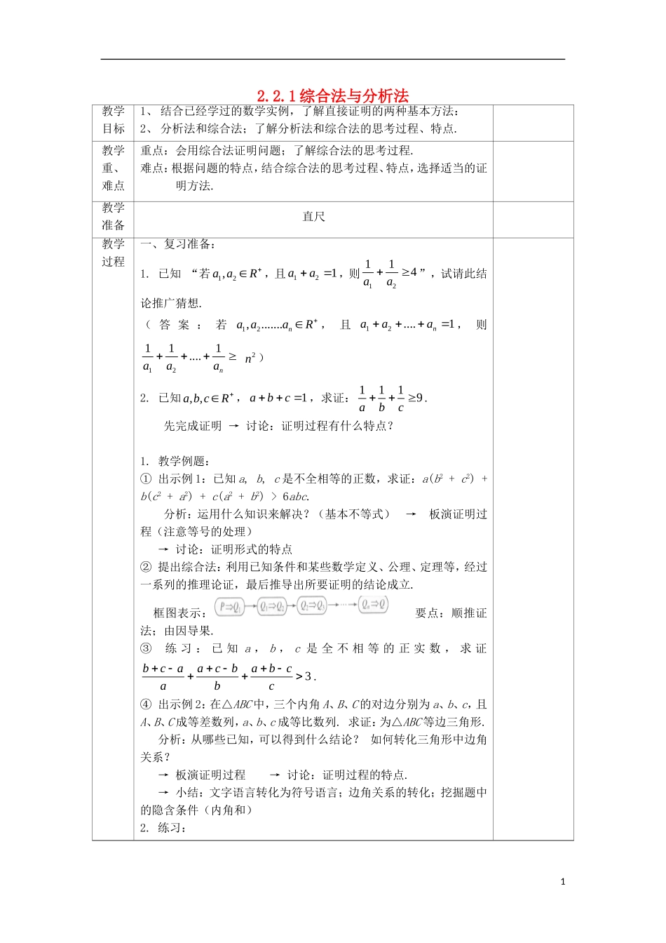 高中数学 2.2 直接证明与间接证明 2.2.1 综合法与分析法教案 文 新人教A版选修2-2-新人教A版高二选修2-2数学教案_第1页