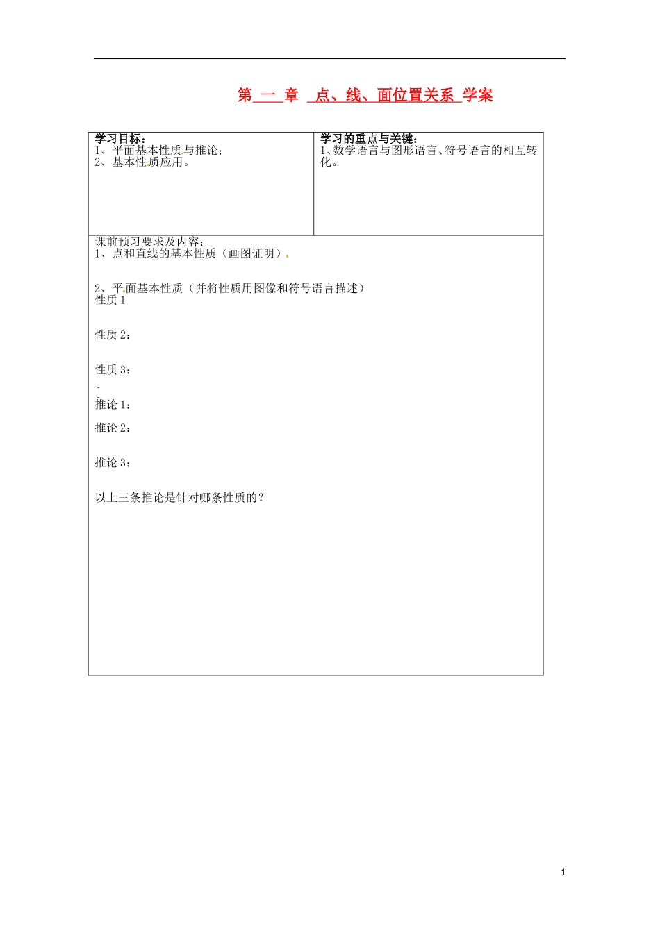 高中数学 2.1空间点、直线、平面之间的位置关系教案 新人教A版必修2_第1页