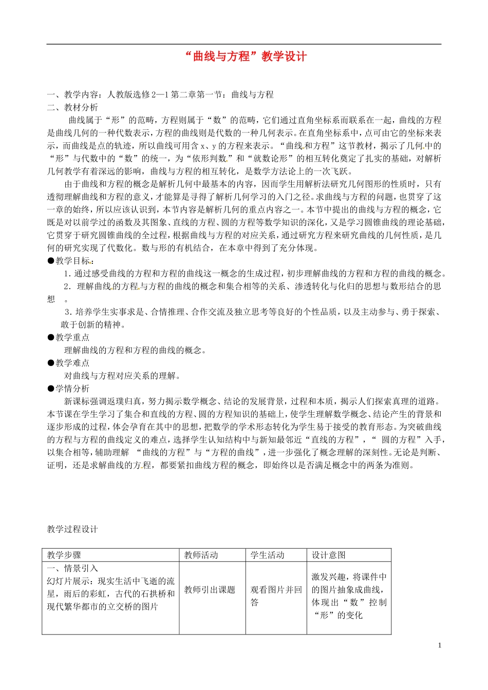 高中数学 2.1曲线与方程教学设计 苏教版选修1-2-苏教版高二选修1-2数学教案_第1页