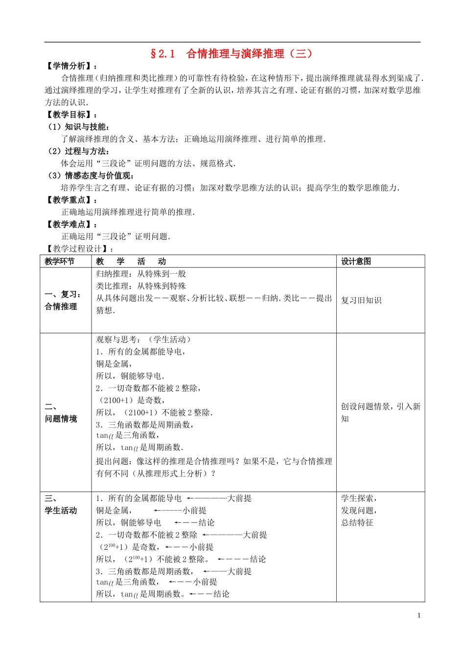 高中数学 2.1合情推理与演绎推理（三）教案 新人教版选修2-2-新人教版高二选修2-2数学教案_第1页