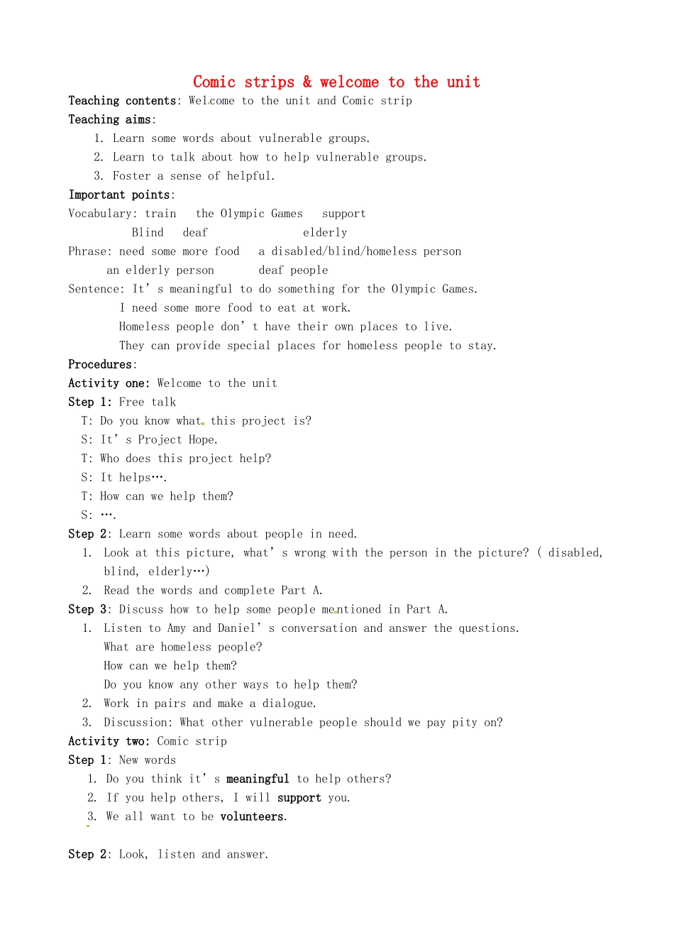 八年级英语下册 Unit 6 Sunshine for all Welcome to the unit教案 （新版）牛津版-（新版）牛津版初中八年级下册英语教案_第1页