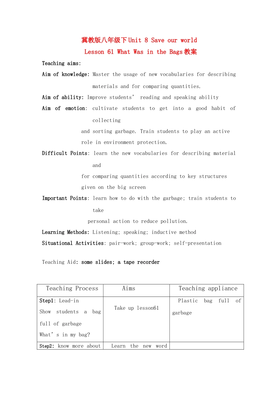 八年级英语下：Unit 8 Save Our World Lesson 61教案冀教版_第1页