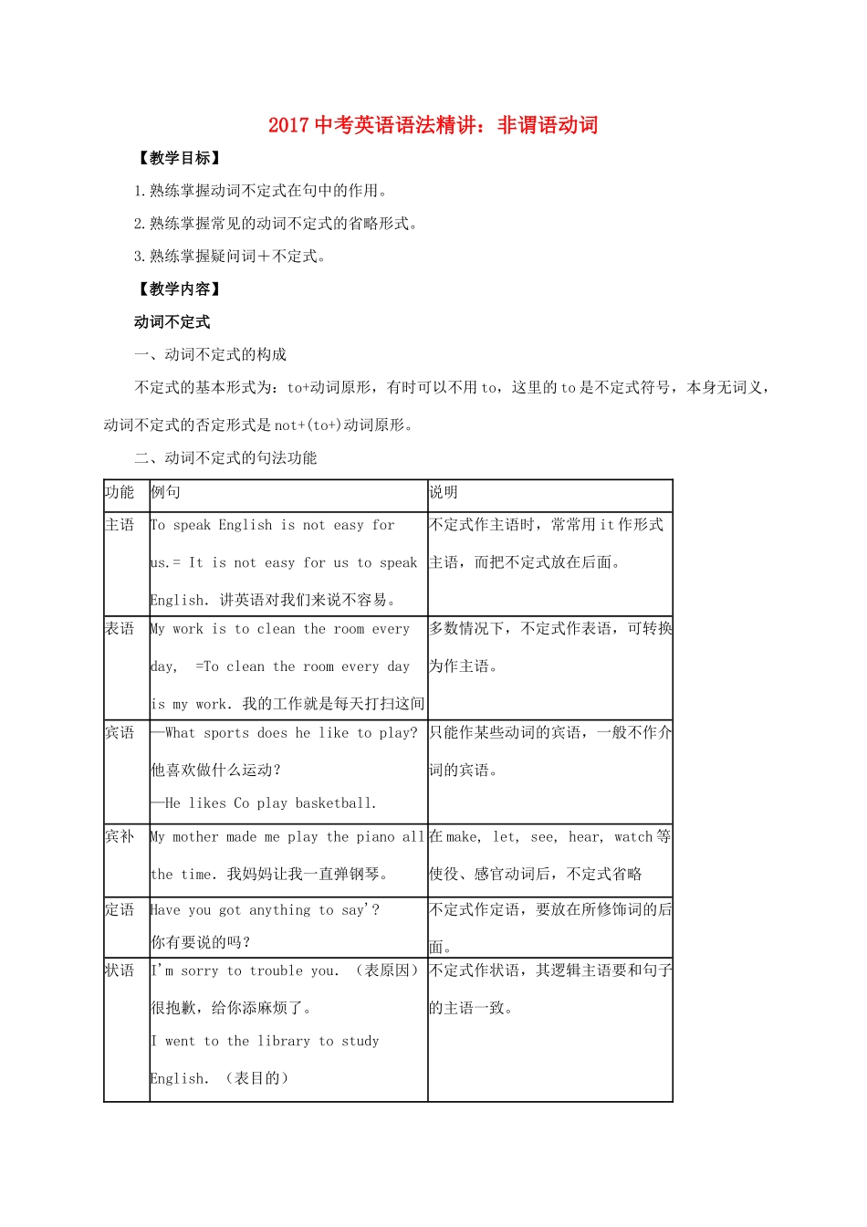 中考英语语法精讲 非谓语动词教案-人教版初中九年级全册英语教案_第1页