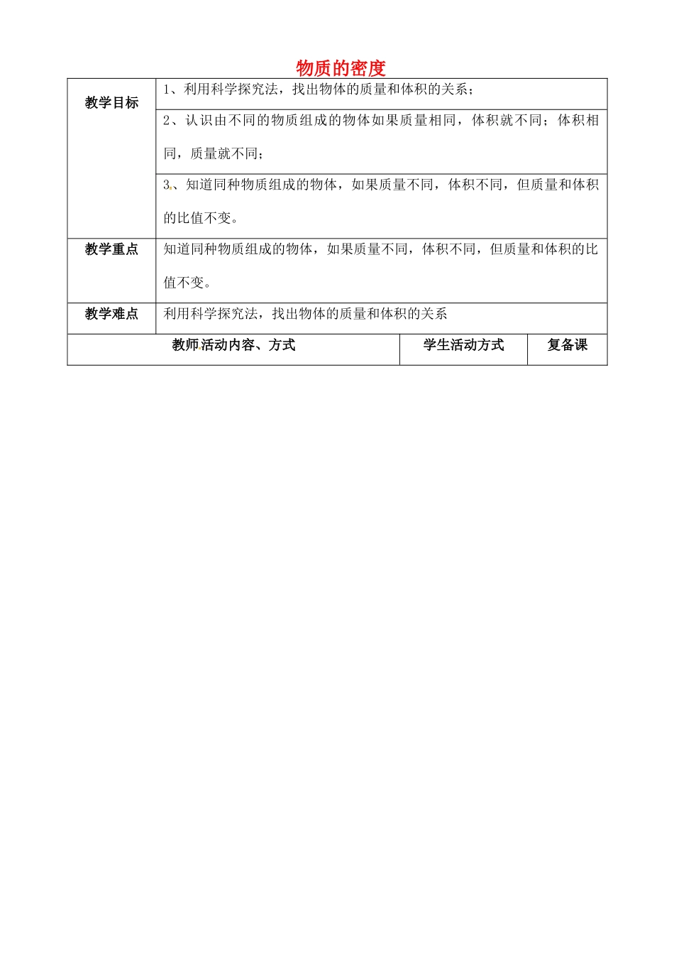 八年级物理下册 6.3 物体的密度教案1 苏科版-苏科版初中八年级下册物理教案_第1页