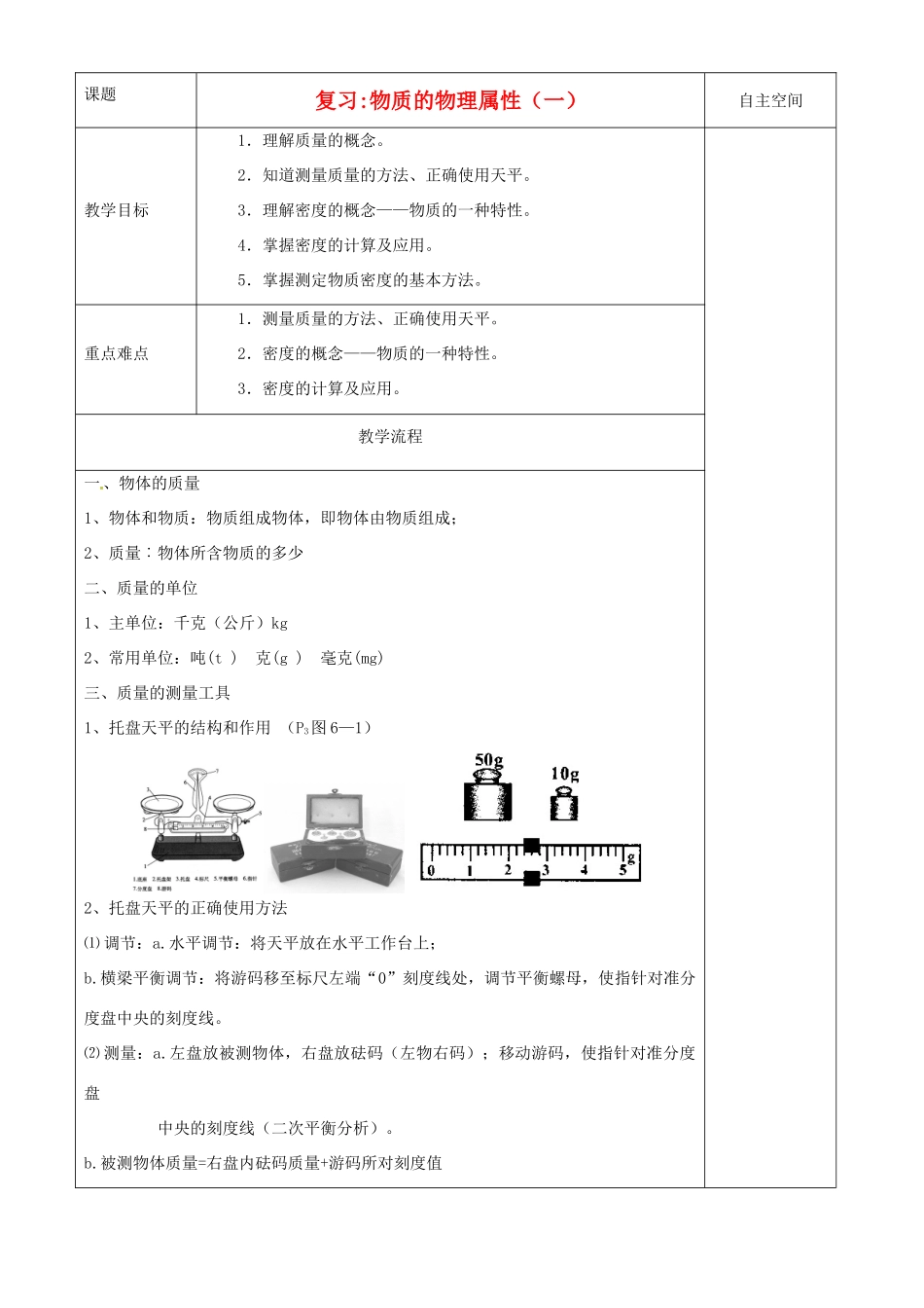 八年级物理下册 第六章 物质的物理属性期中复习教案 （新版）苏科版-（新版）苏科版初中八年级下册物理教案_第1页