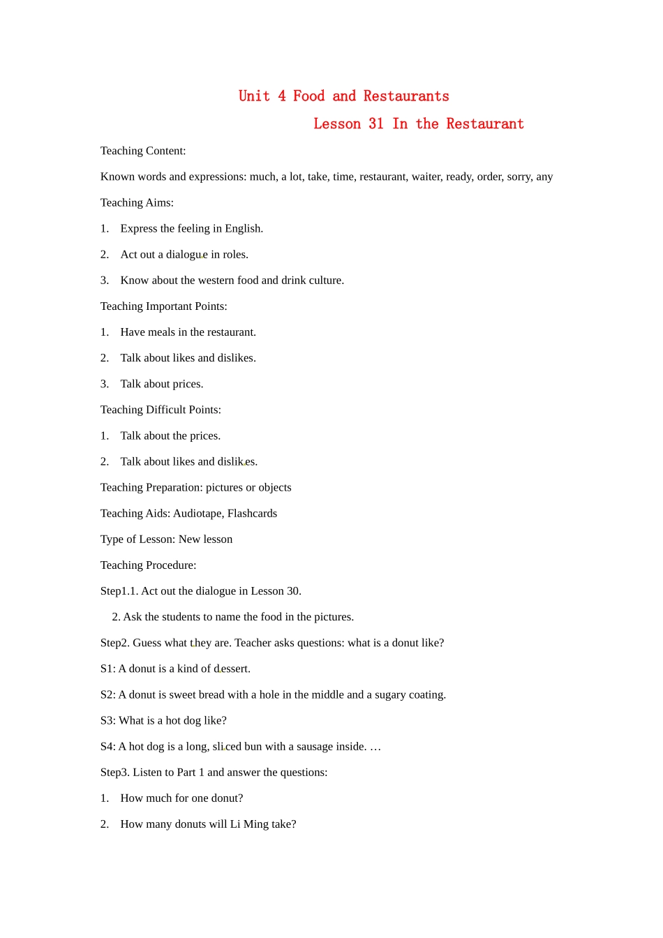 七年级英语上册 Unit 4 Lesson 31 In the Restaurant—Lesson 32 Unit Review教案 冀教版_第1页