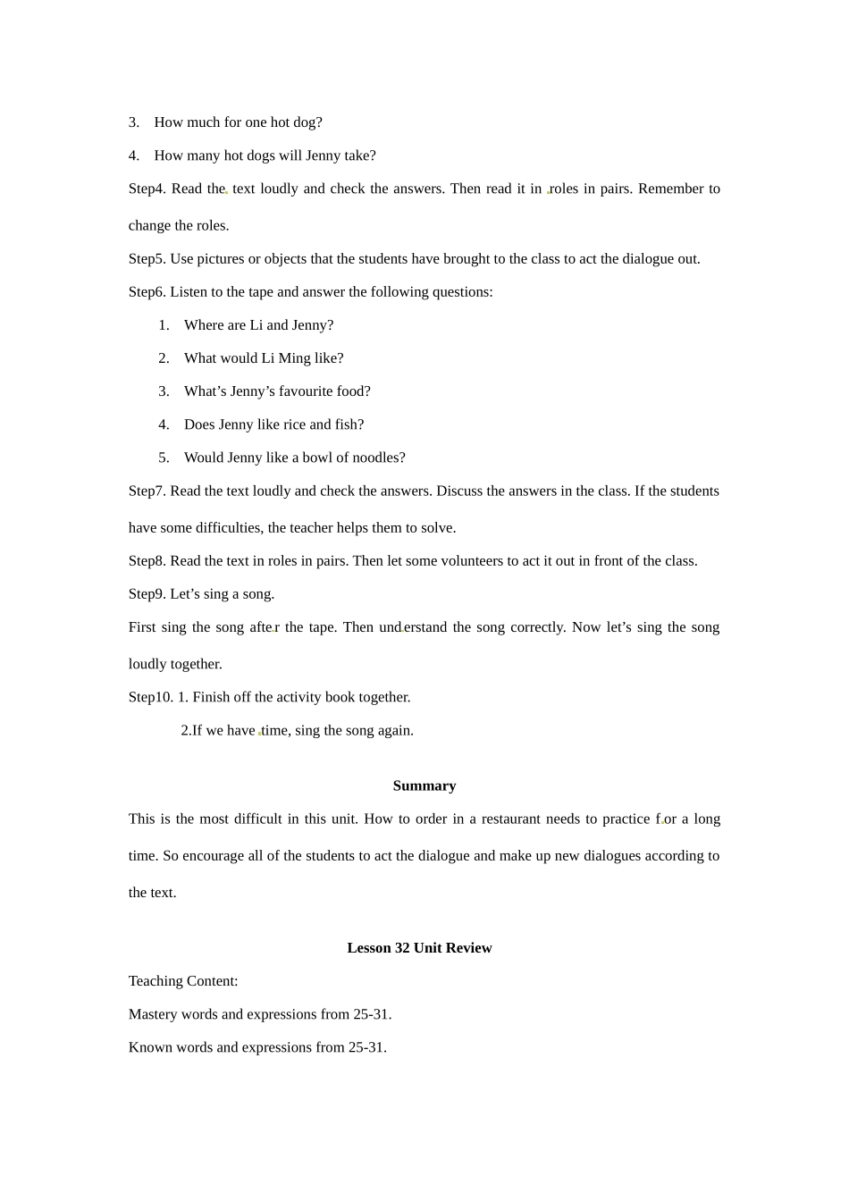 七年级英语上册 Unit 4 Lesson 31 In the Restaurant—Lesson 32 Unit Review教案 冀教版_第2页
