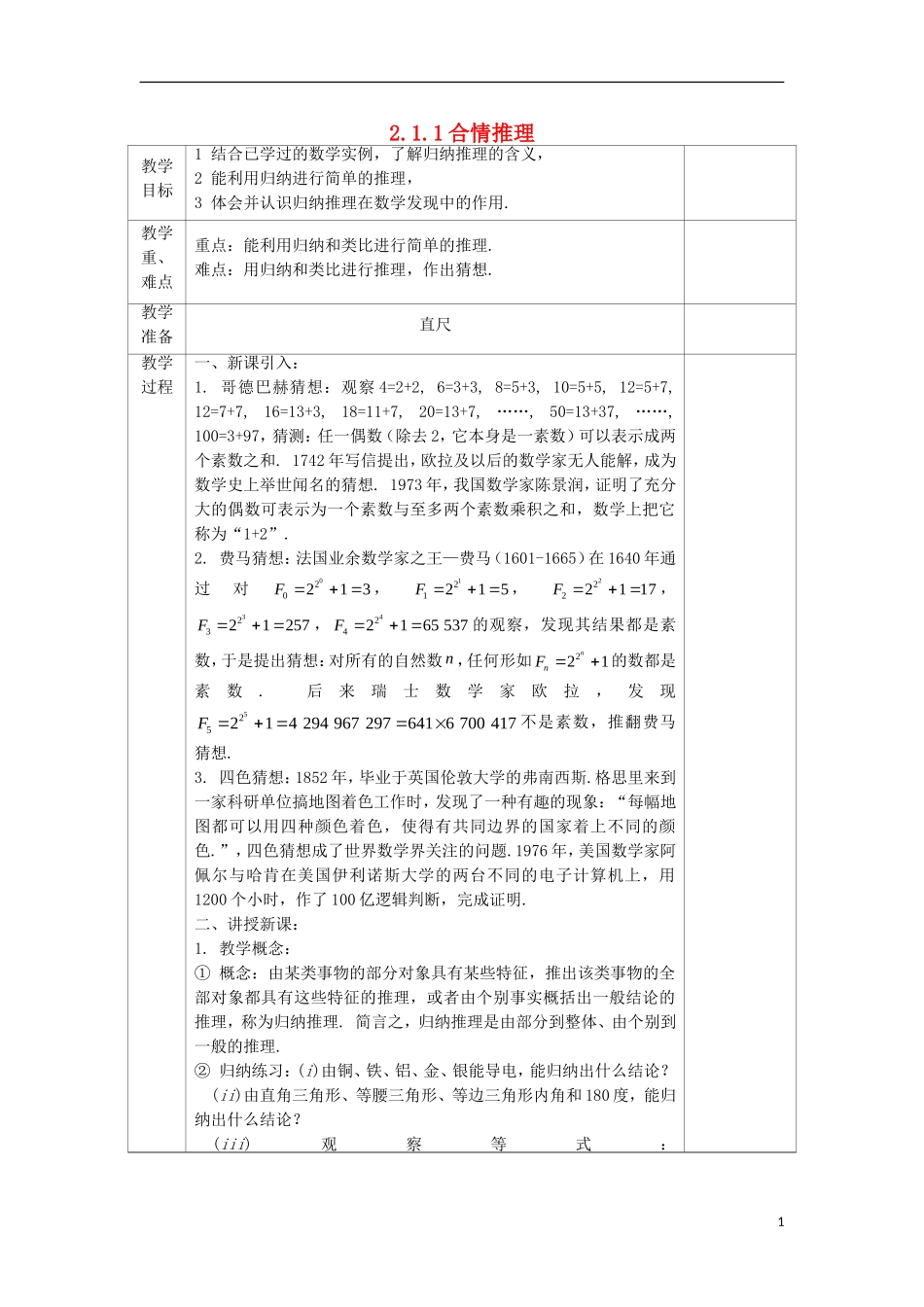 高中数学 2.1 合情推理与演绎推理 2.1.1 合情推理教案 文 新人教A版选修2-2-新人教A版高二选修2-2数学教案_第1页