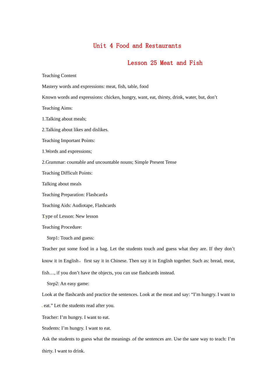 七年级英语上册 Unit 4 Lesson 25 Meat and Fish-Lesson 26 Breakfast,Lunch and Supper教案 冀教版_第1页