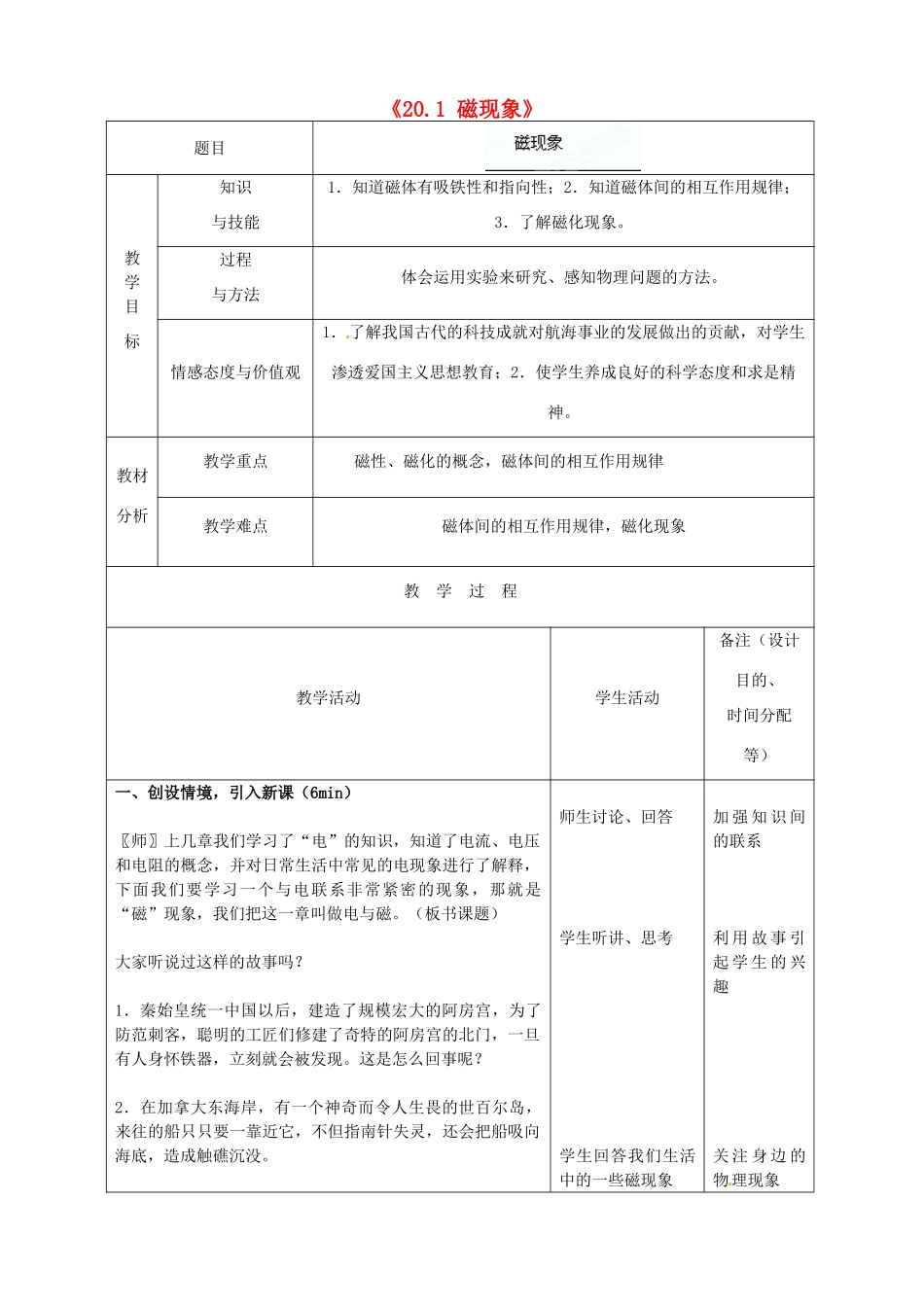 吉林省四平市第十七中学九年级物理全册《20.1 磁现象》教案1 （新版）新人教版_第1页