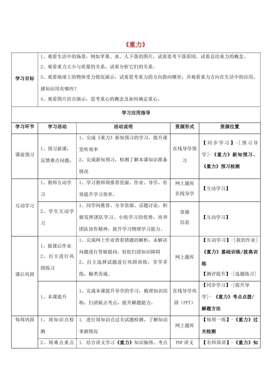 八年级物理下册 第七章 第3节《重力》学生应用指导 （新版）新人教版_第1页
