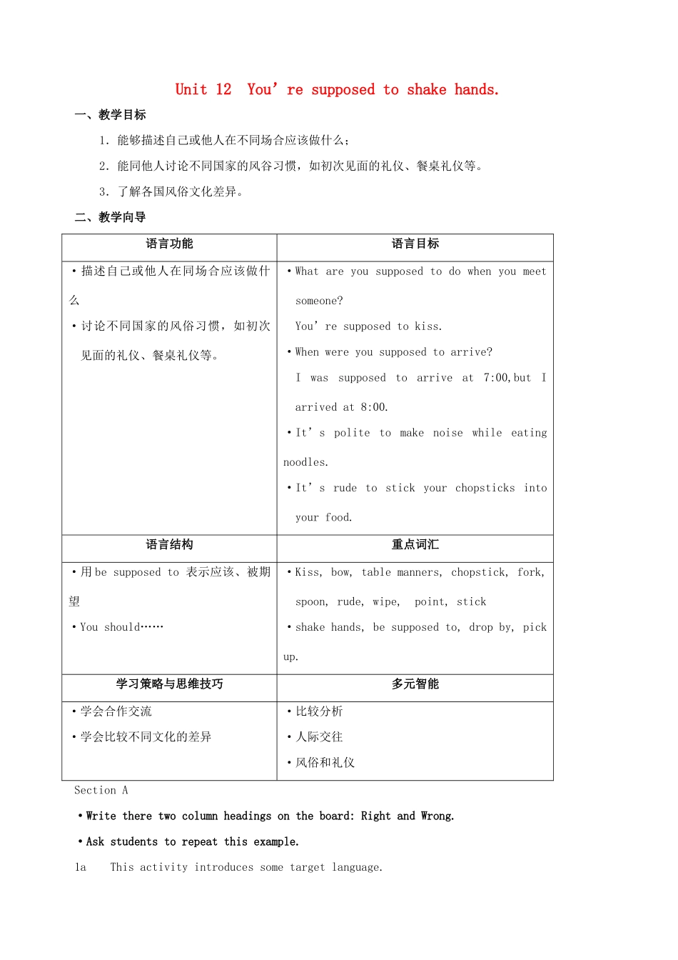 九年级英语全册 Unit 12 You’re supposed to shake hands教案1 人教新目标版_第1页