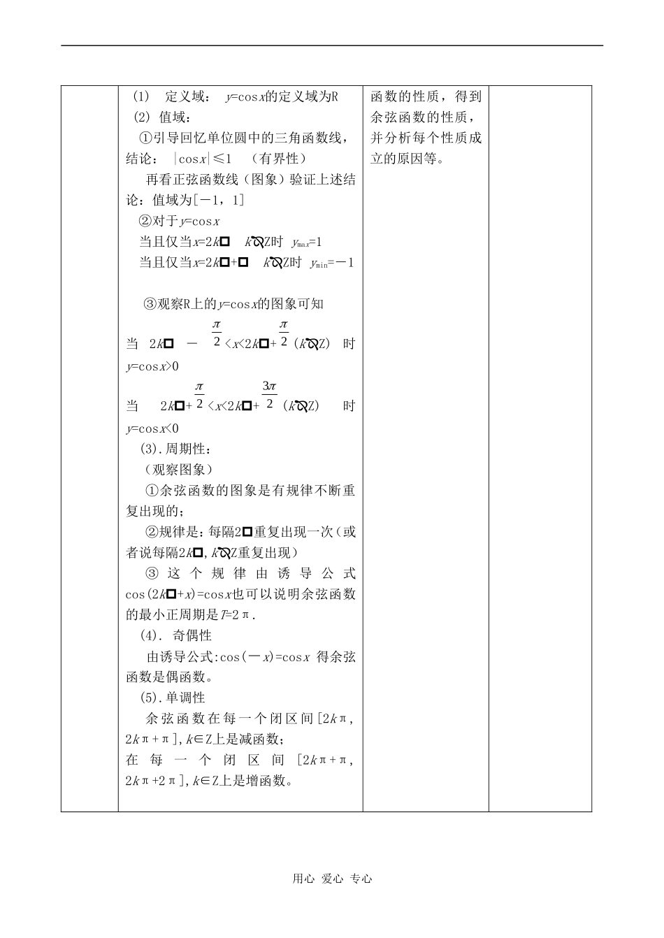 高中数学 1.4.2(第一课时)《正弦函数、余弦函数的性质——余弦函数的图象及性质》教案人教版必修4_第3页