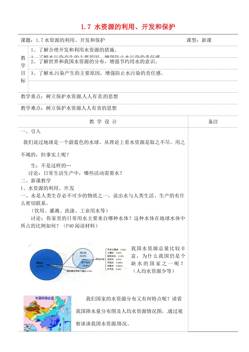 八年级科学上册 1.7 水资源的利用、开发和保护教案 浙教版_第1页