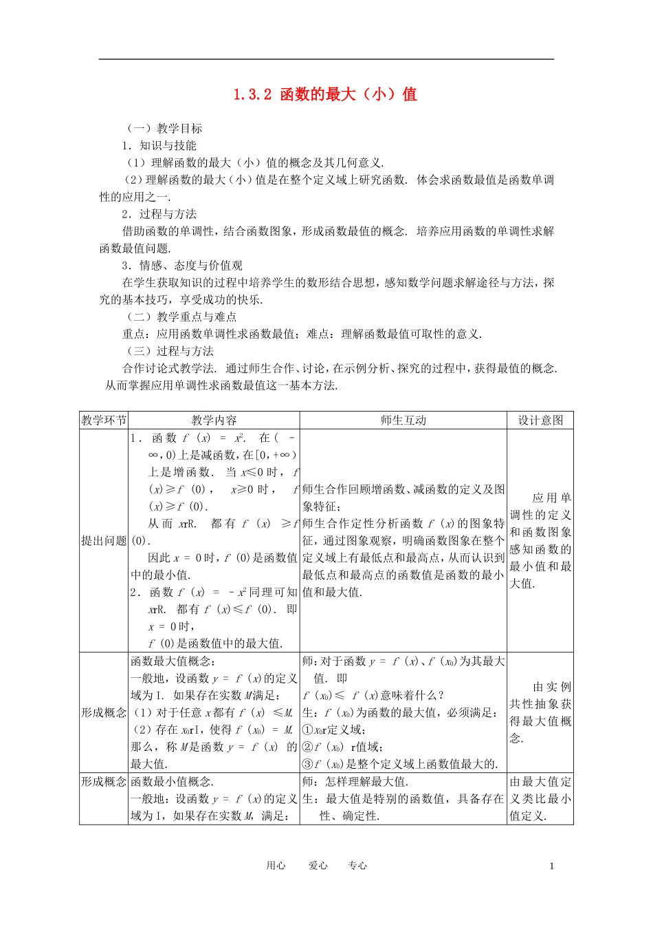 高中数学 1.3.2函数的最大（小）值全册精品教案 新人教A版必修1_第1页