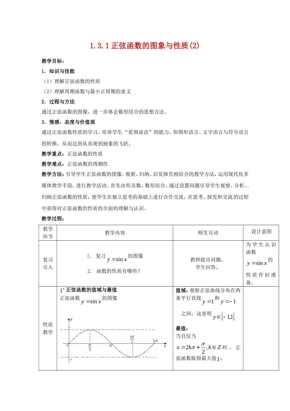 高中数学 1.3.1《三角函数的图象与性质》教案2 新人教B版必修4_第1页
