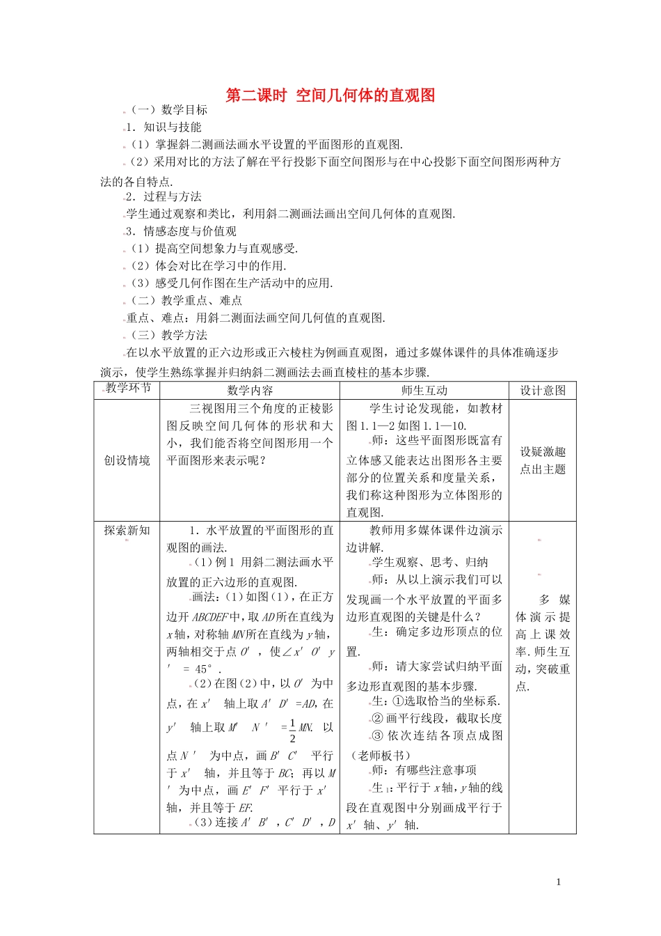 高中数学 1.2.2空间几何体的直观图精品教案 新人教A版必修2_第1页