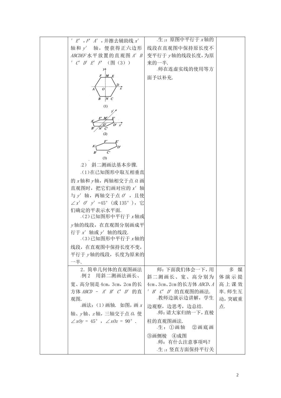 高中数学 1.2.2空间几何体的直观图精品教案 新人教A版必修2_第2页
