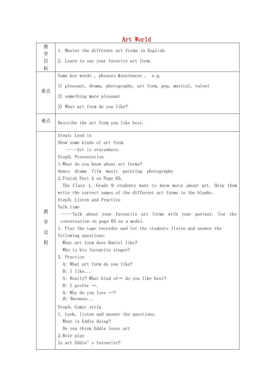 九年级英语上册 Unit 5 Art world Welcome to the unit教案 （新版）牛津版-（新版）牛津版初中九年级上册英语教案_第1页