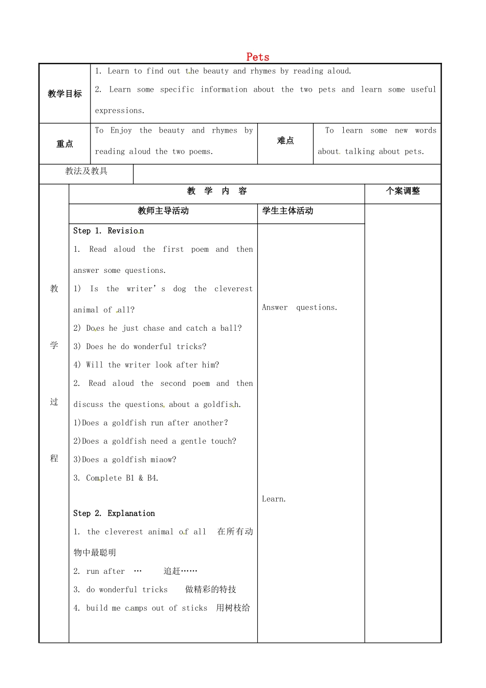 七年级英语下册 Unit 8 Pets Reading 2教案 （新版）牛津版-（新版）牛津版初中七年级下册英语教案_第1页