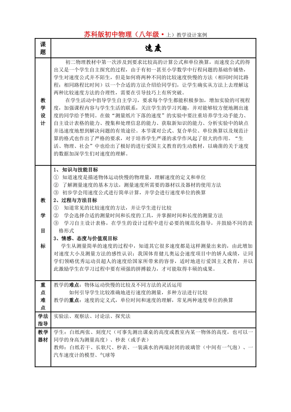 八年级物理速度教案苏科版_第1页