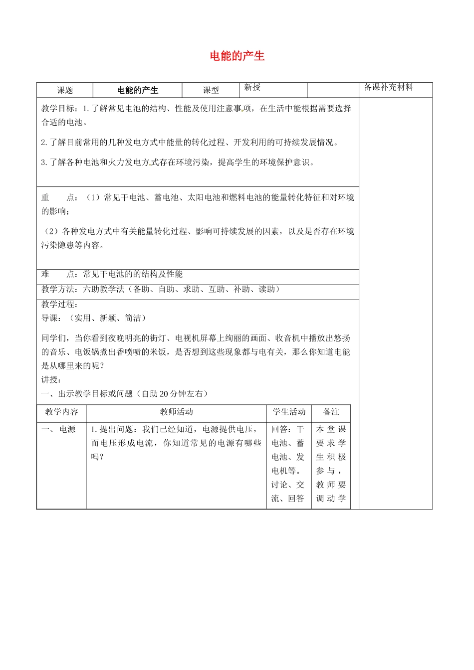 九年级物理全册 18.1 电能的产生六助教学法实施教案 沪科版_第1页