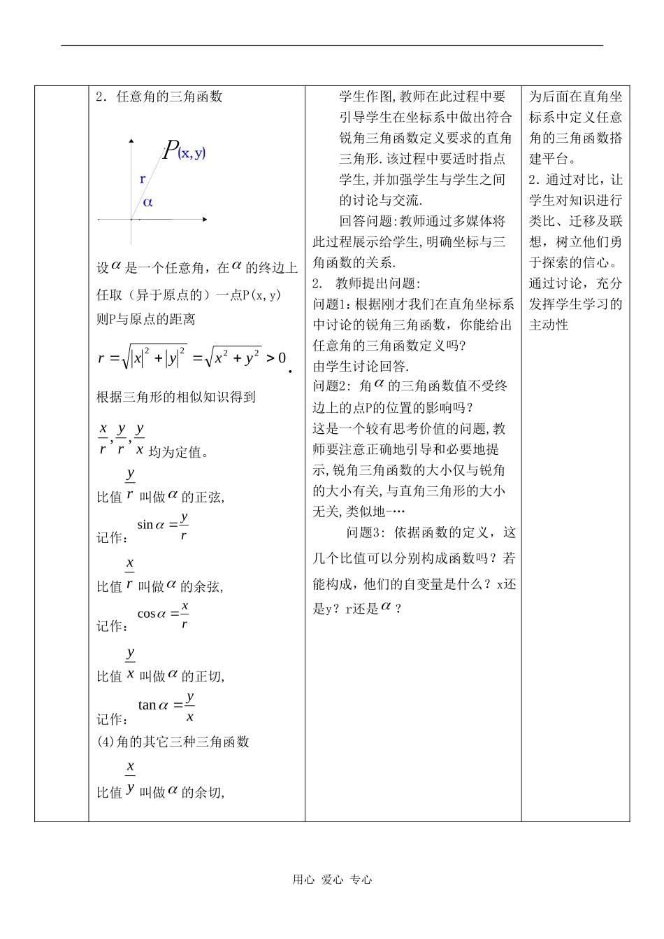 高中数学 1.2.1（第一课时）《任意角的三角函数（一）》教案人教版必修4_第2页