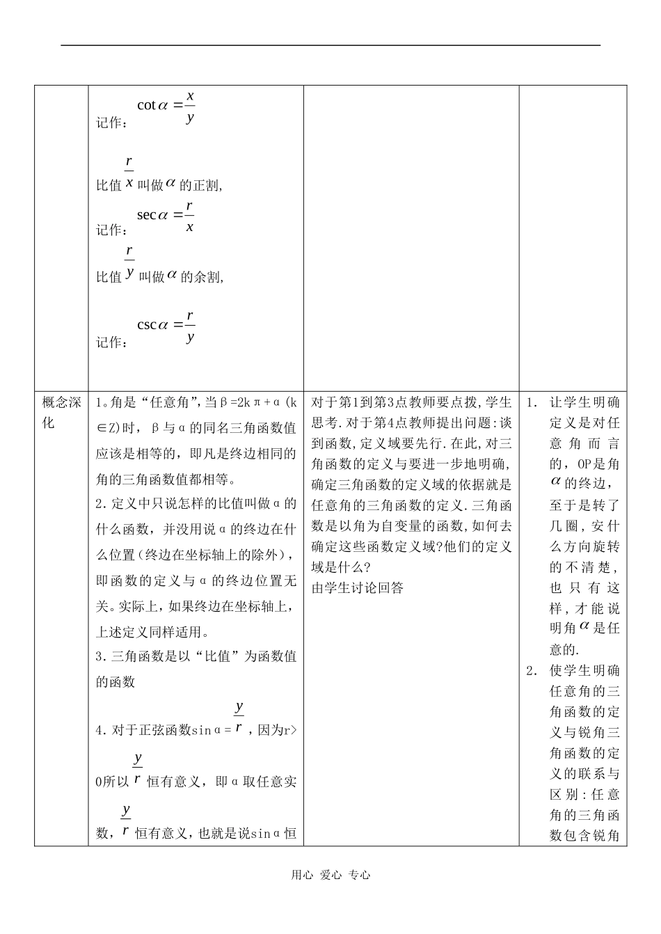 高中数学 1.2.1（第一课时）《任意角的三角函数（一）》教案人教版必修4_第3页