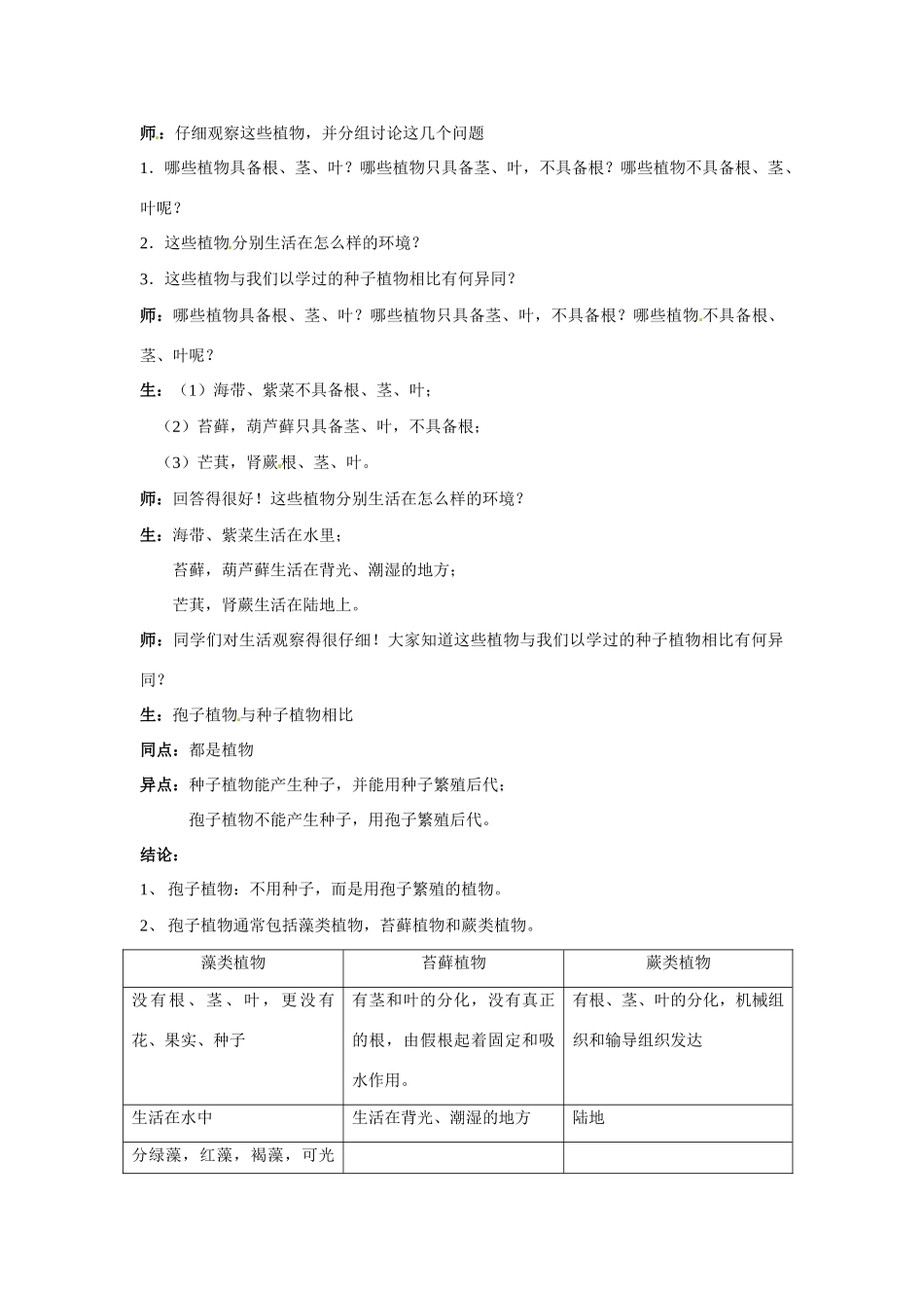 七年级科学上册 6.2 植物的主要类群教案（孢子植物）华东师大版_第2页