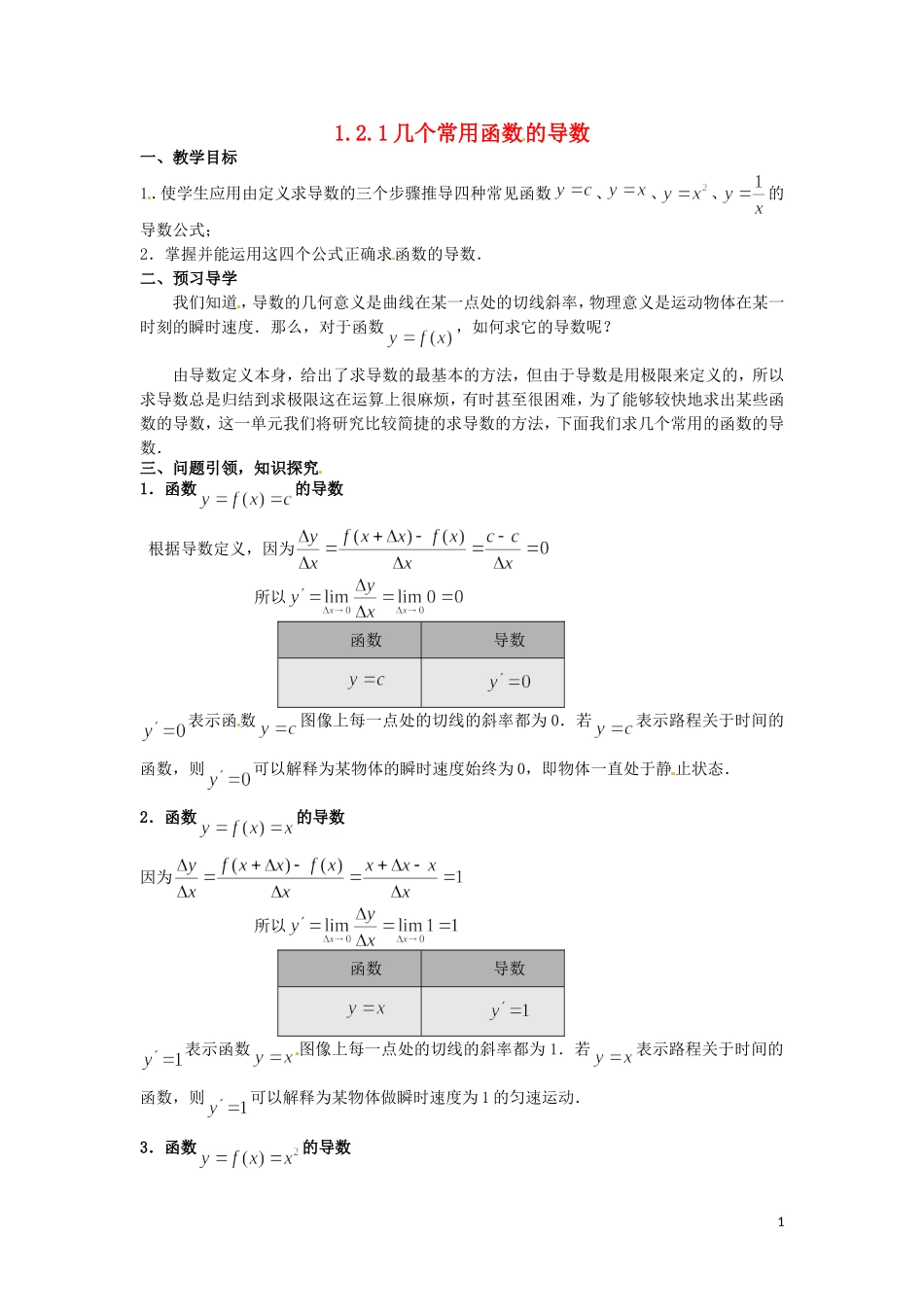 高中数学 1.2.1几个常用函数的导数教学设计 新人教A版选修2-2-新人教A版高二选修2-2数学教案_第1页