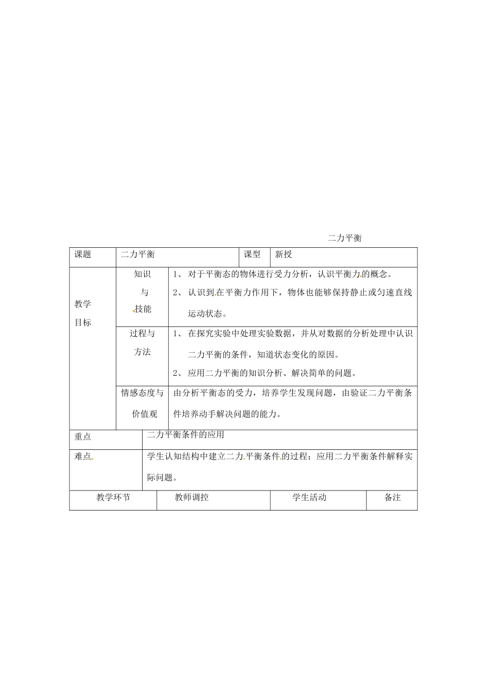 八年级物理下册 9.1二力平衡教案 （新版）苏科版-（新版）苏科版初中八年级下册物理教案_第1页