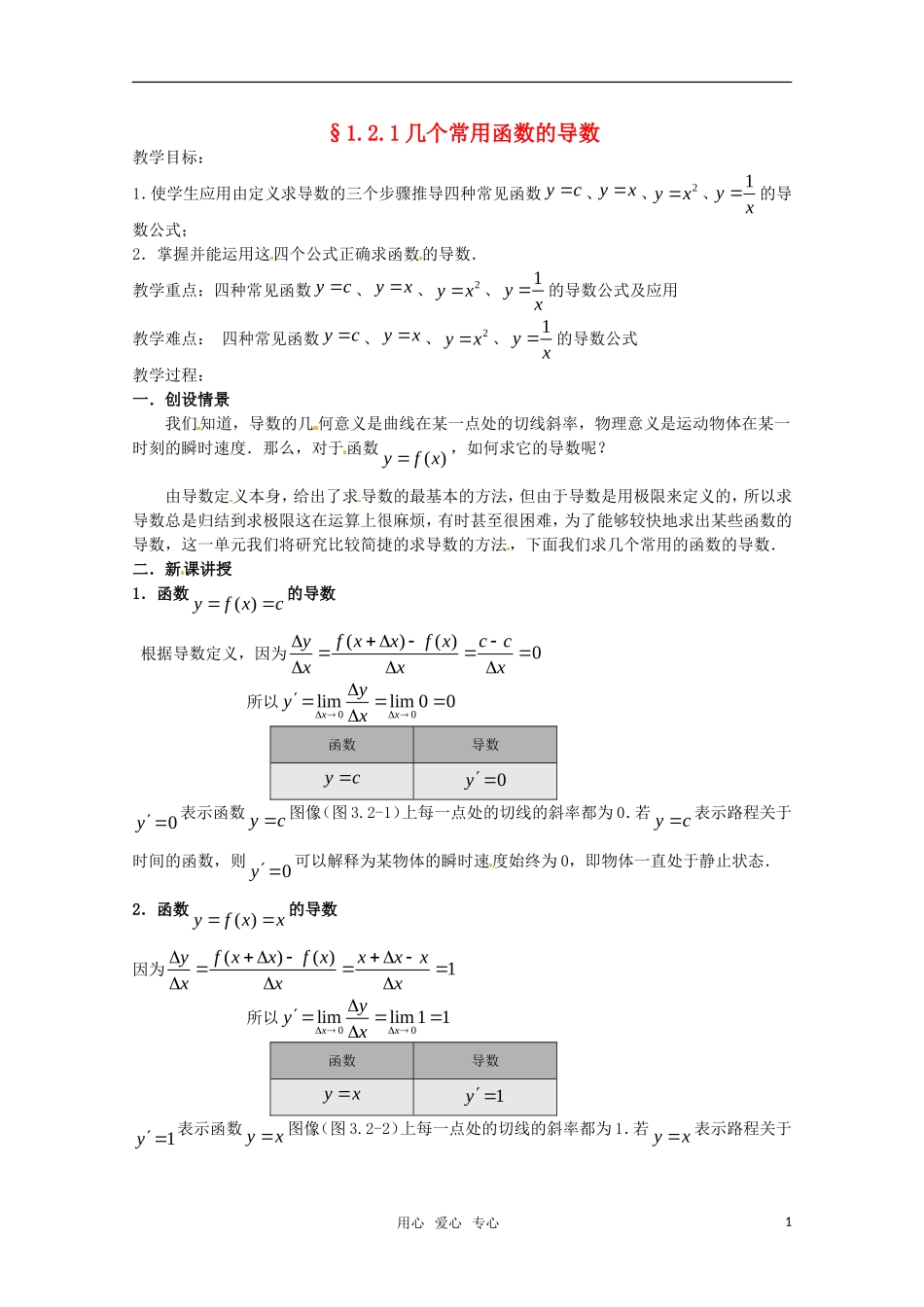 高中数学 1.2.1 几个常用函数的导数教案 新人教A版选修1-1_第1页