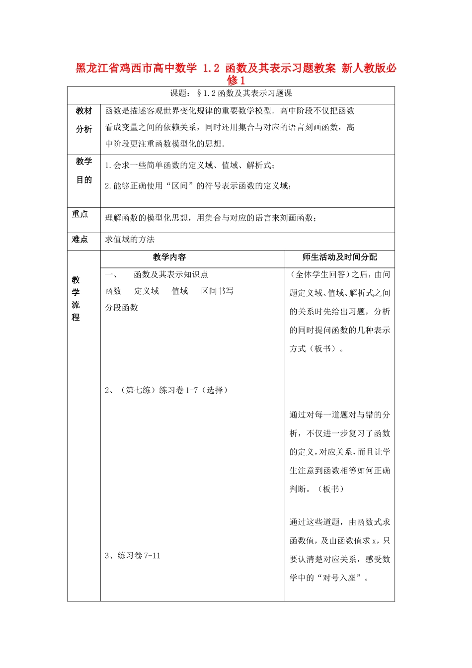 高中数学 1.2 函数及其表示习题教案 新人教版必修1-新人教版高一必修1数学教案_第1页